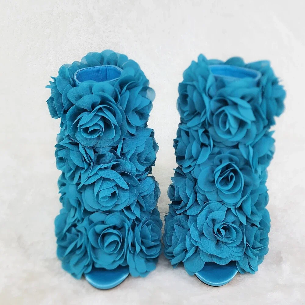 NIB Beauty 3D Flowers Floral High Heel Xoanna Elegant Ankle Boots Teal Blue - Picture 8 of 16